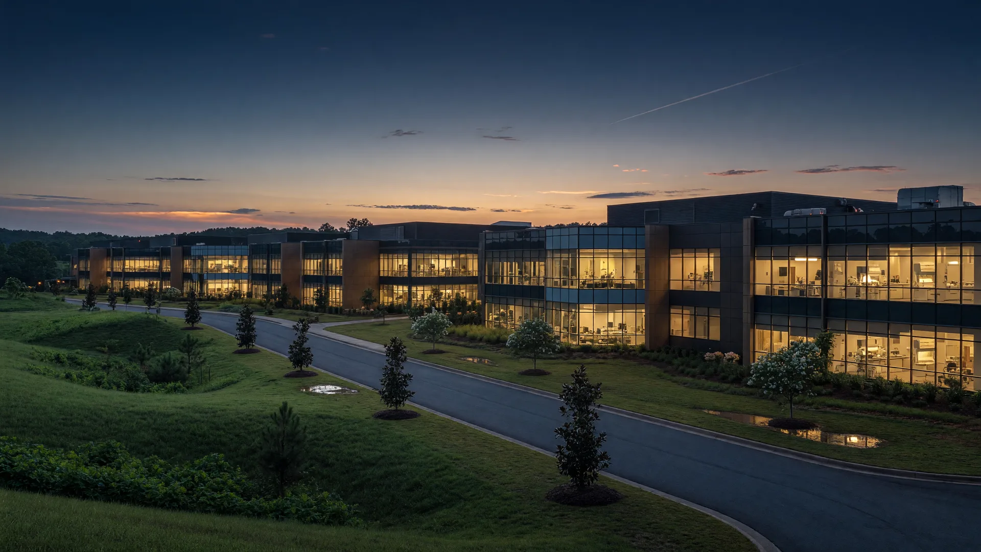 Modern biopharmaceutical campus buildings at dusk with warm lit windows in rolling Georgia countryside