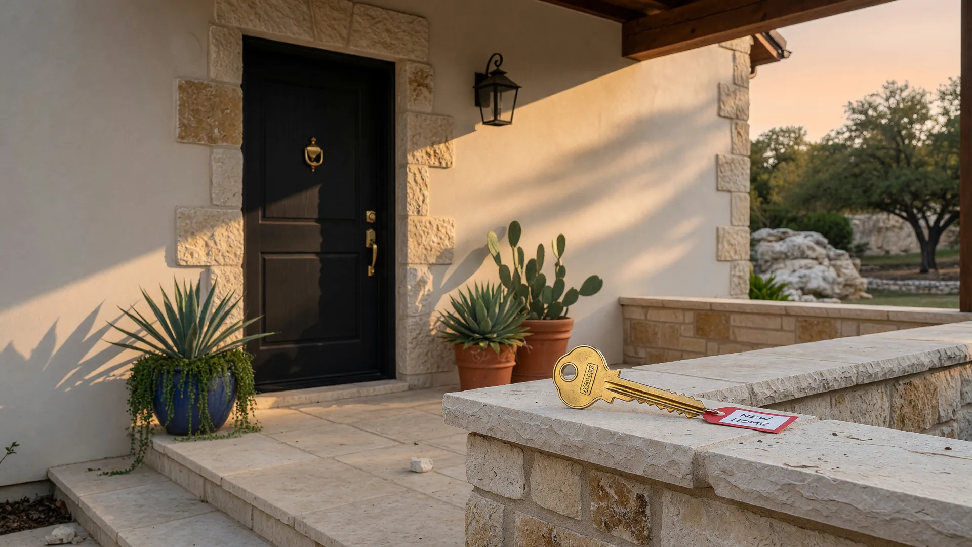 A new Hill Country home entrance with a brass key on the porch railing in warm morning light