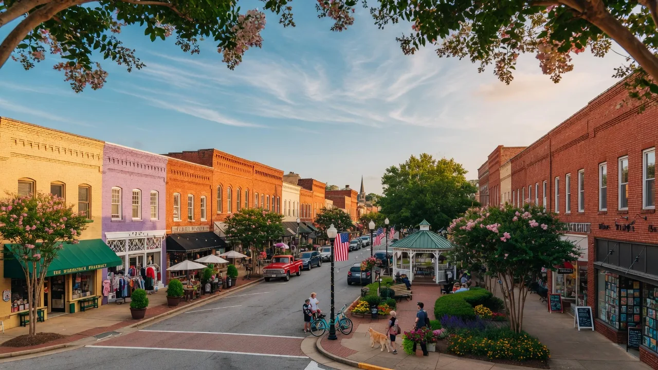 Woodstock Georgia downtown historic Main Street with brick storefronts and a Sold sign in front of a home