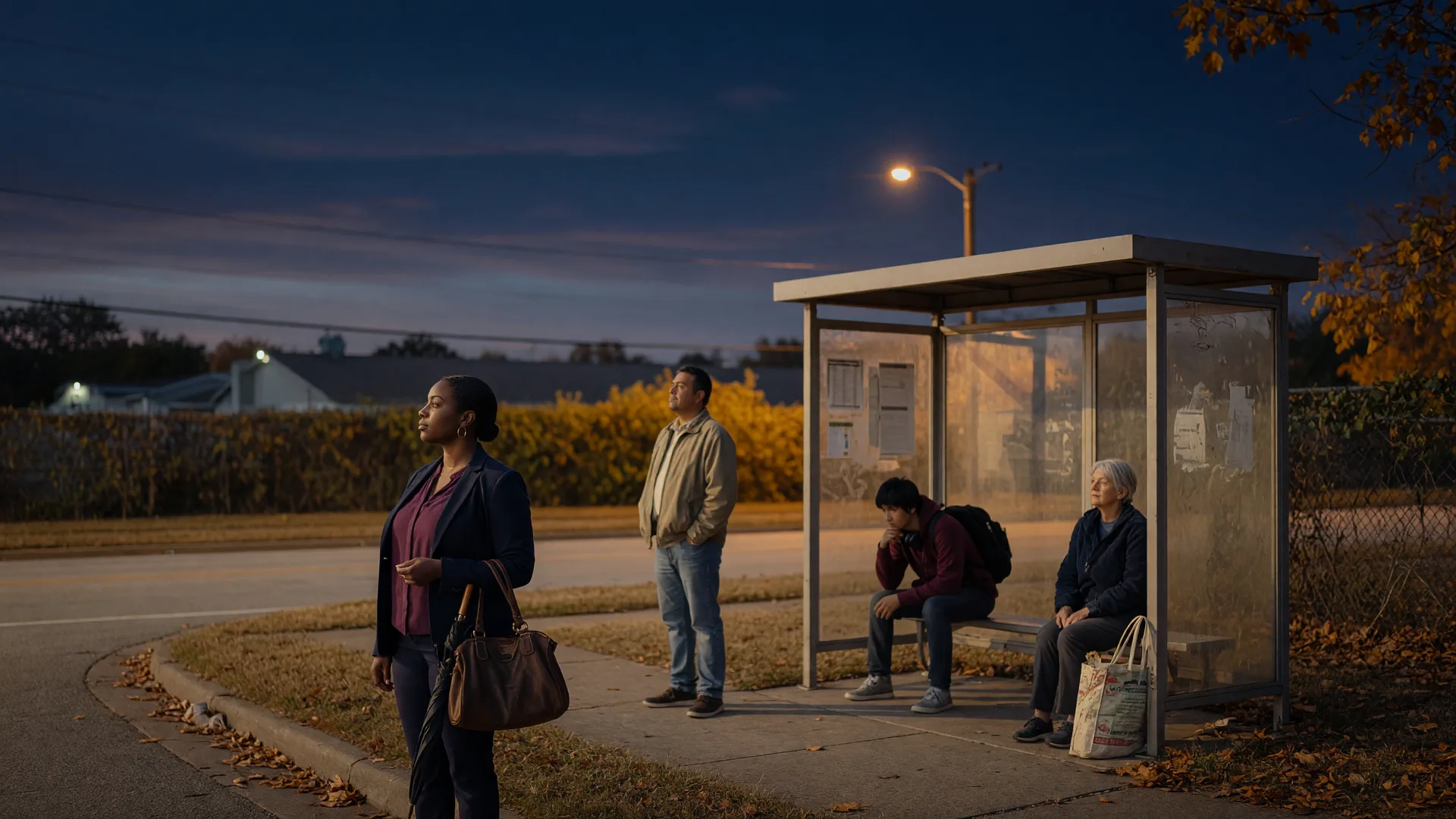 People waiting at a bus stop on a quiet street, deep in thought under a soft overcast sky
