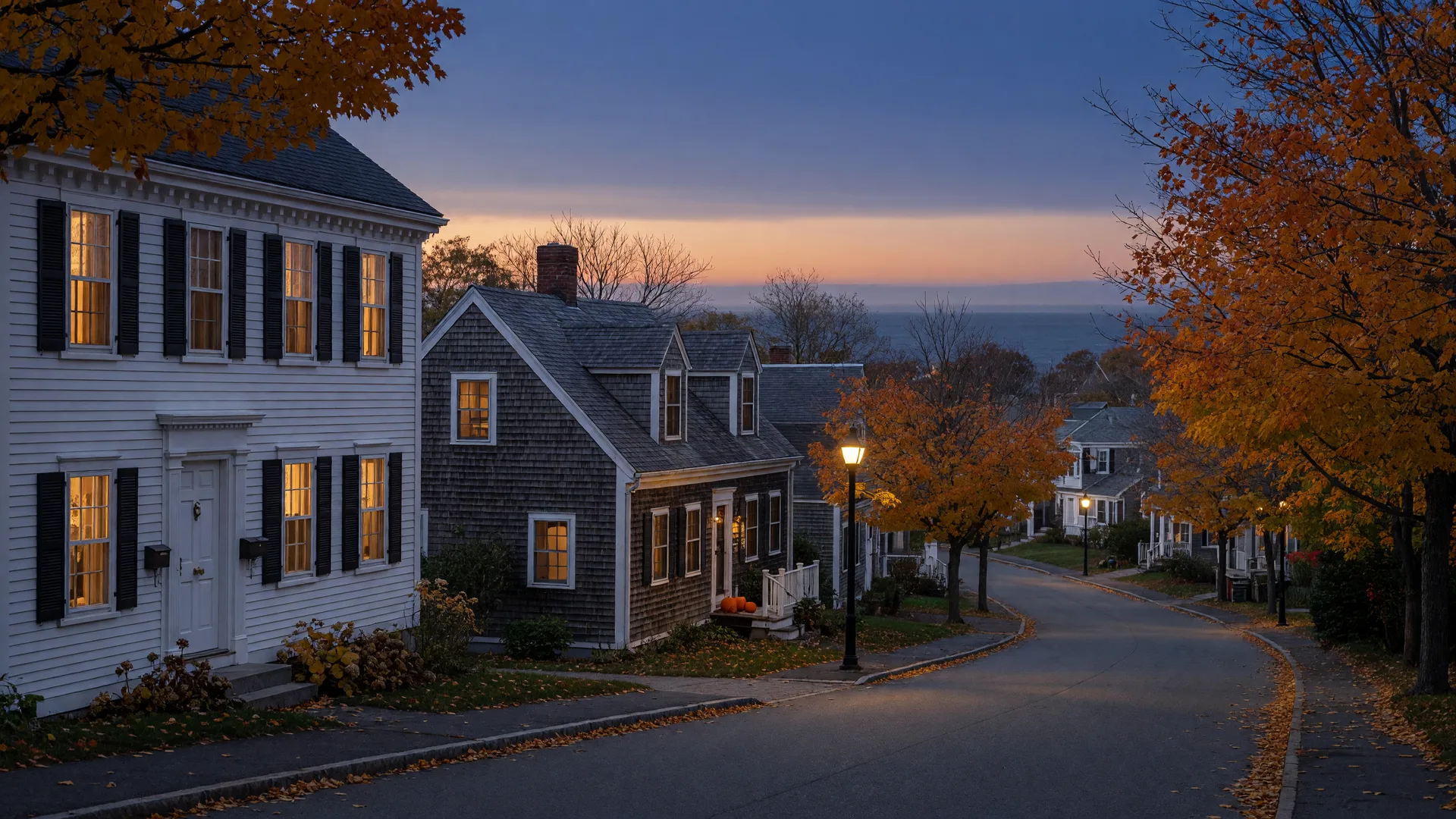 Photorealistic photograph of a North Shore neighborhood street with no people, the hero image for this buyer's guide to getting to know a neighborhood