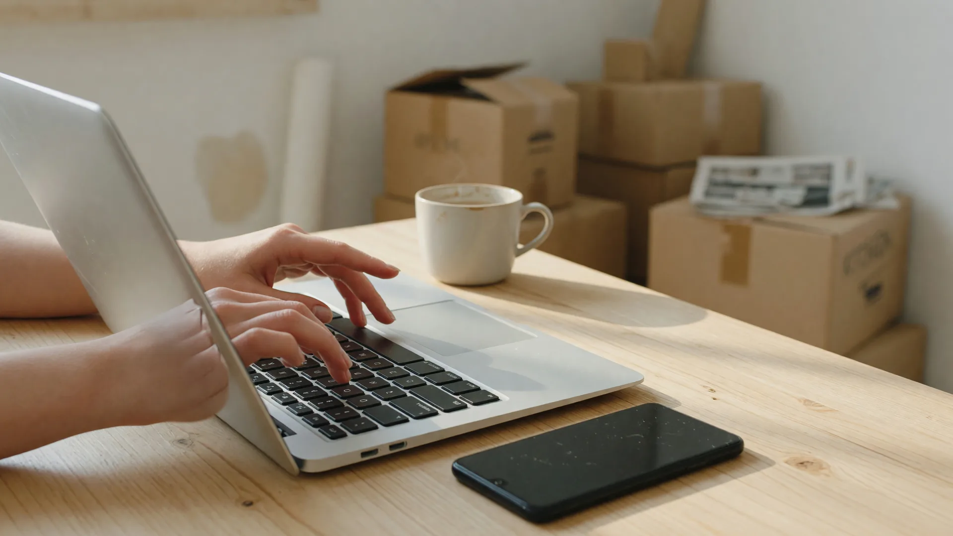 Hands typing on a laptop with a smartphone on a wooden desk, moving boxes in the background