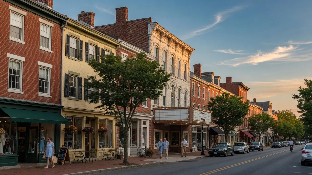 Historic State Street in Newtown Borough, Pennsylvania with Federal-style brick storefronts on a sunny afternoon