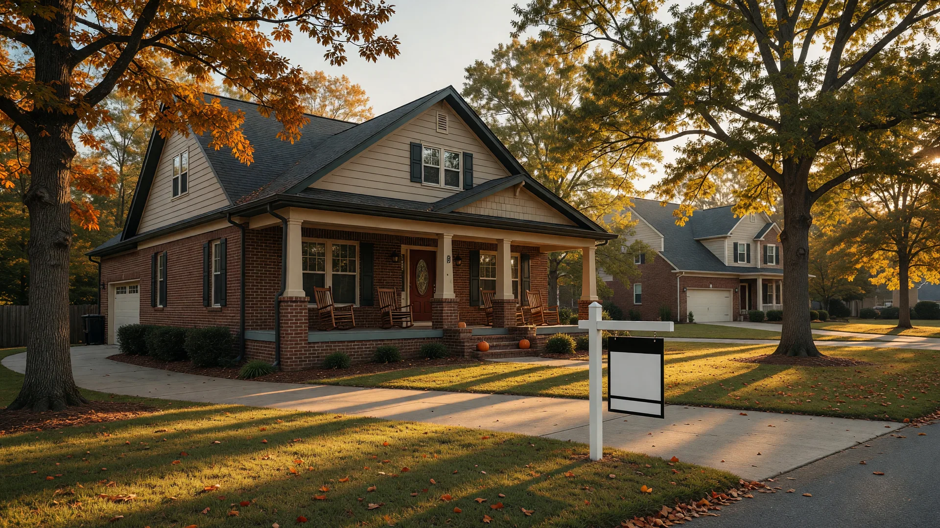 A newer brick and siding craftsman home with a covered porch on a tree-lined cul-de-sac in Douglasville, Georgia, at golden hour with a For Sale sign at the driveway edge