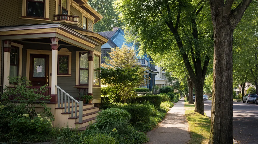 A historic Victorian home on a tree-lined residential street in Montclair NJ on a warm summer afternoon