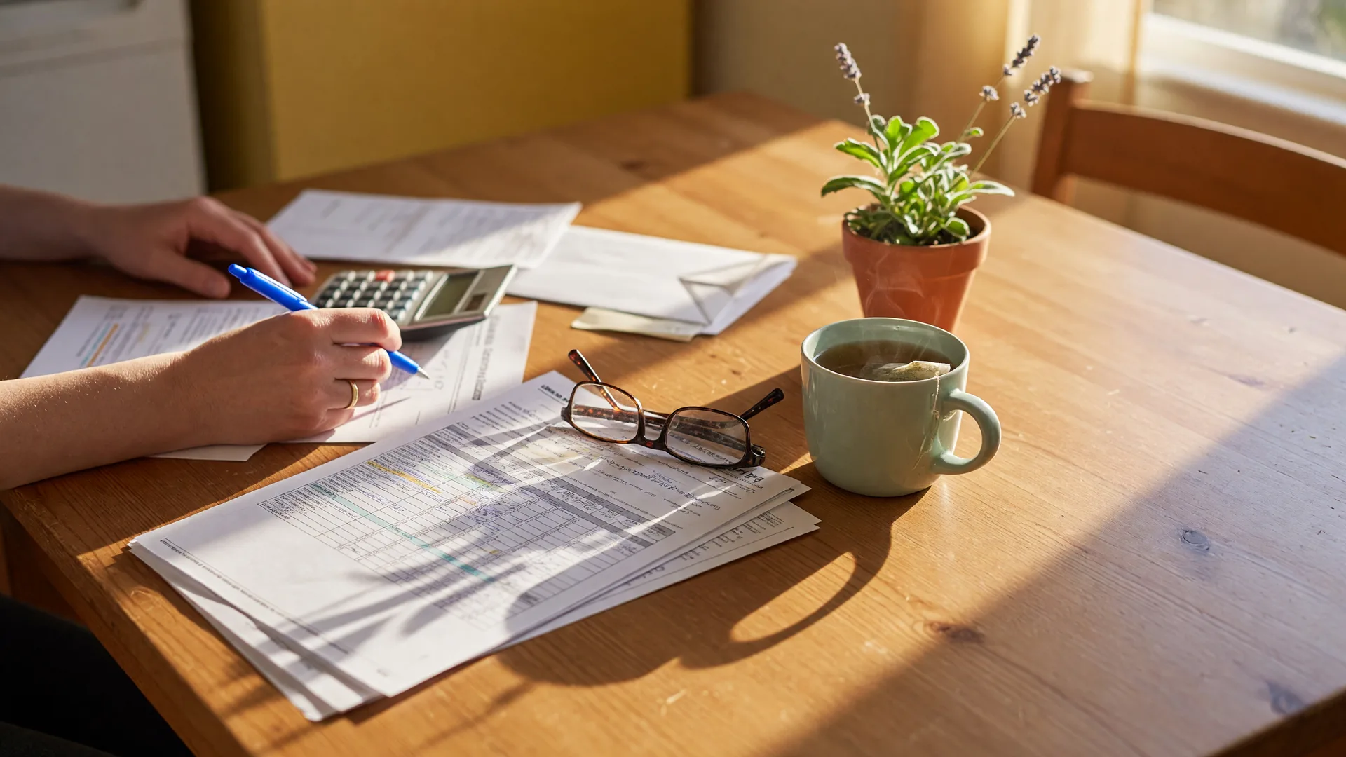 A sunlit kitchen table with budget documents, reading glasses, and a mug of tea