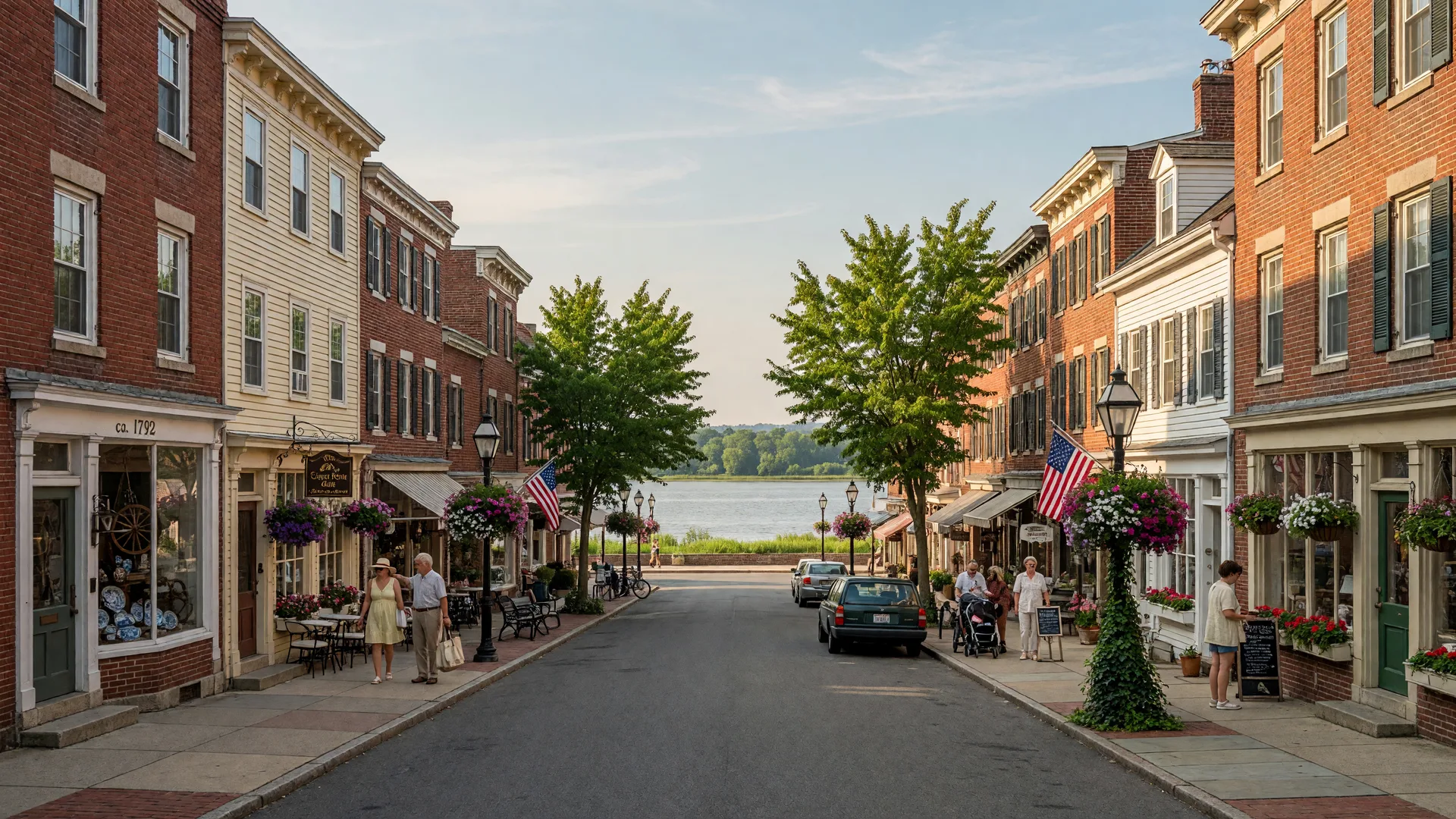 Historic High Street in Burlington City NJ with preserved 18th and 19th century brick and colonial buildings, tree-lined sidewalks, and Delaware River glimpses