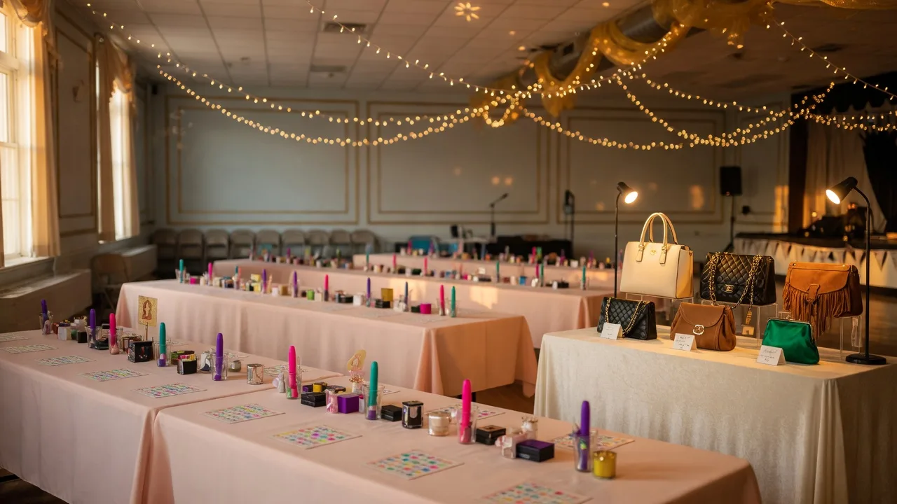 An elegant evening fundraiser in a bright civic event hall with bingo tables set with cards and daubers, warm fairy lights overhead, anda spotlit display of designer handbags