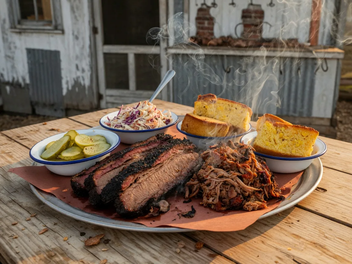 Slow-smoked barbecue platter with brisket, pulled pork, and cornbread on a rustic wooden table