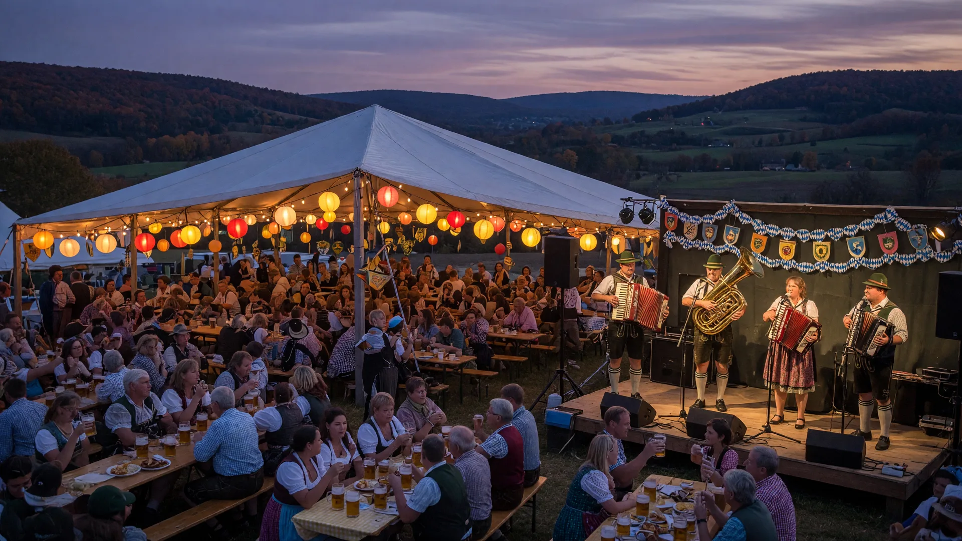 Pennsylvania German Oktoberfest pavilion in the Reading hills with a brass and accordion band, raised steins and warm lanterns at dusk