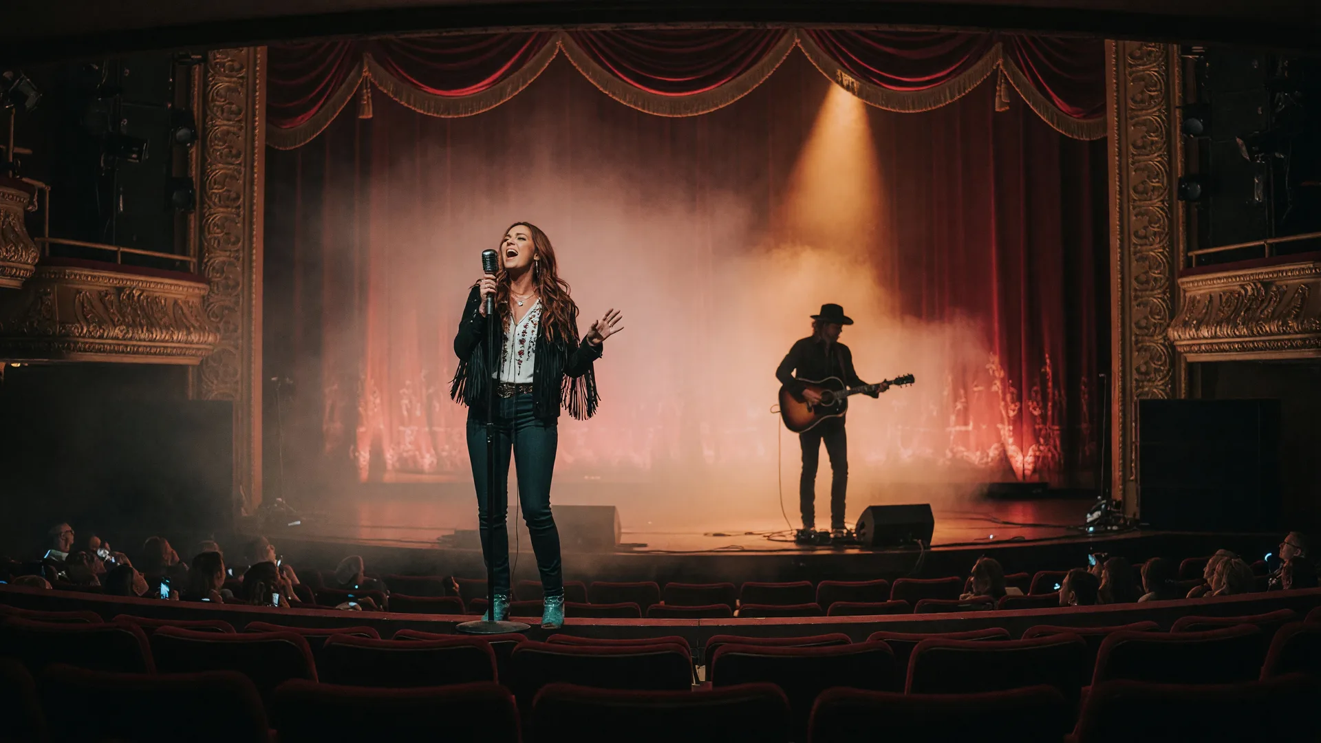 A country singer performing on a grand theater stage under warm amber spotlights with soft haze and red curtain backdrop
