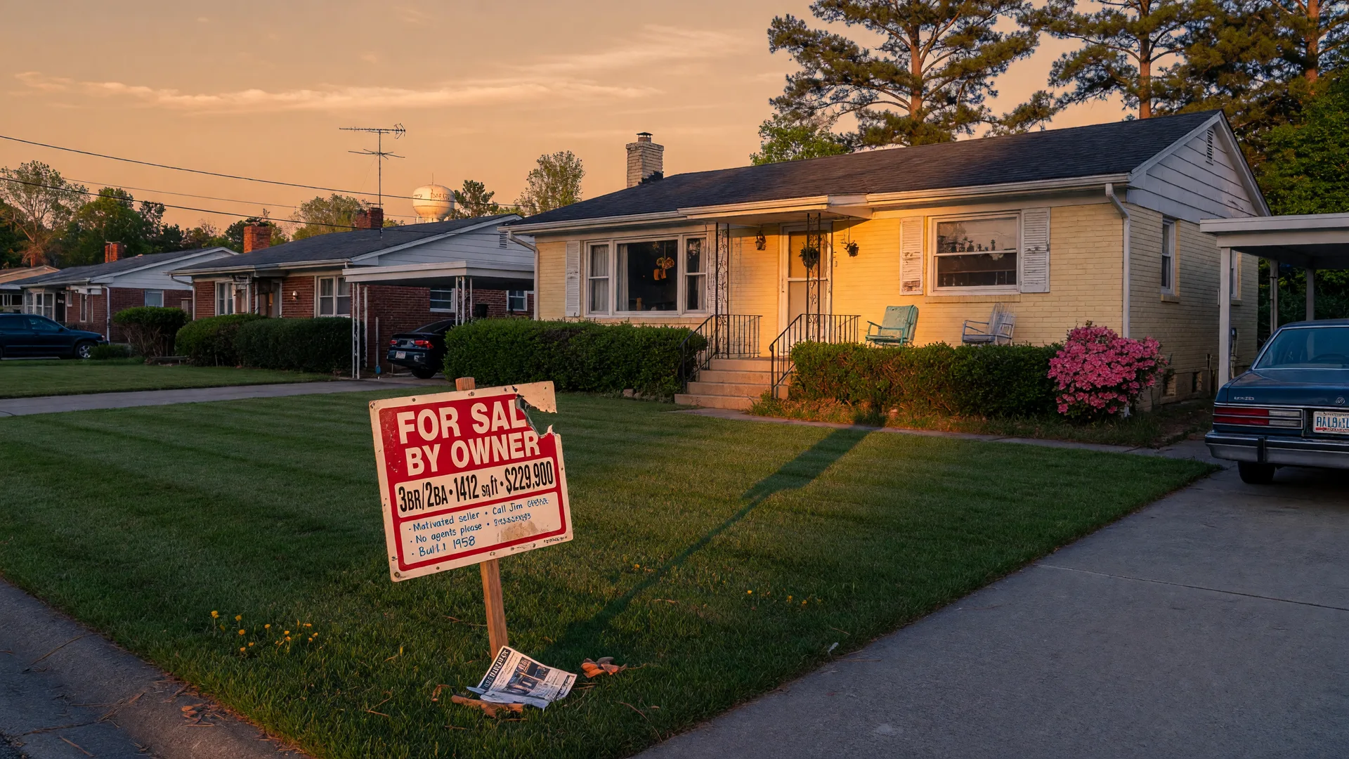 Suburban Raleigh home with For Sale By Owner sign at golden hour — FSBO seller guide 2026
