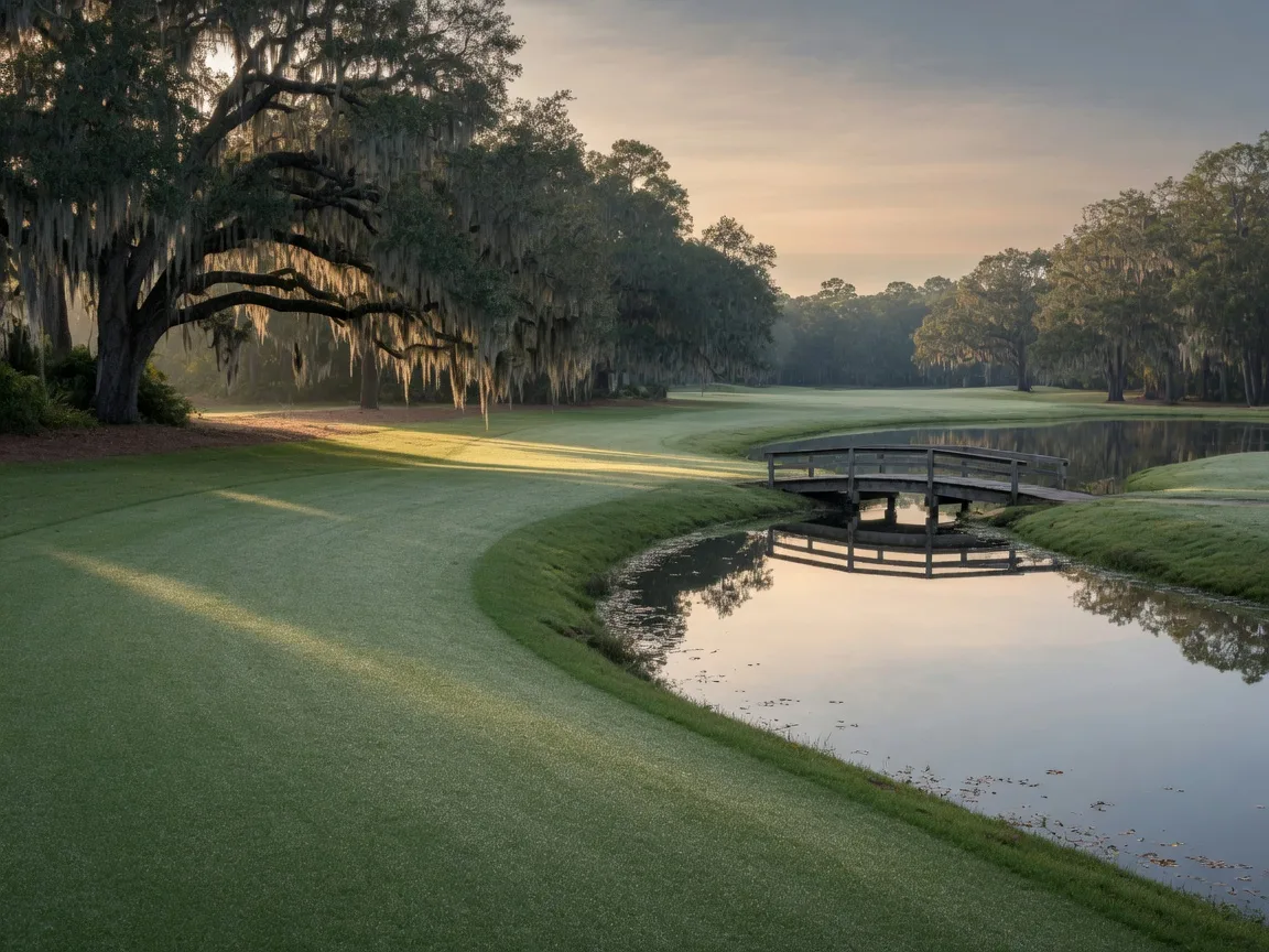 Fairway lined with live oaks and Spanish moss beside a still water hazard at first light