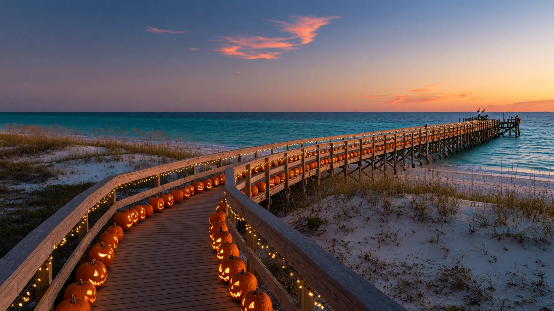 Golden-hour October evening on an Alabama Gulf Coast boardwalk lined with carved pumpkins and warm string lights, with sea oats, white sand, and calm turquoise water beyond
