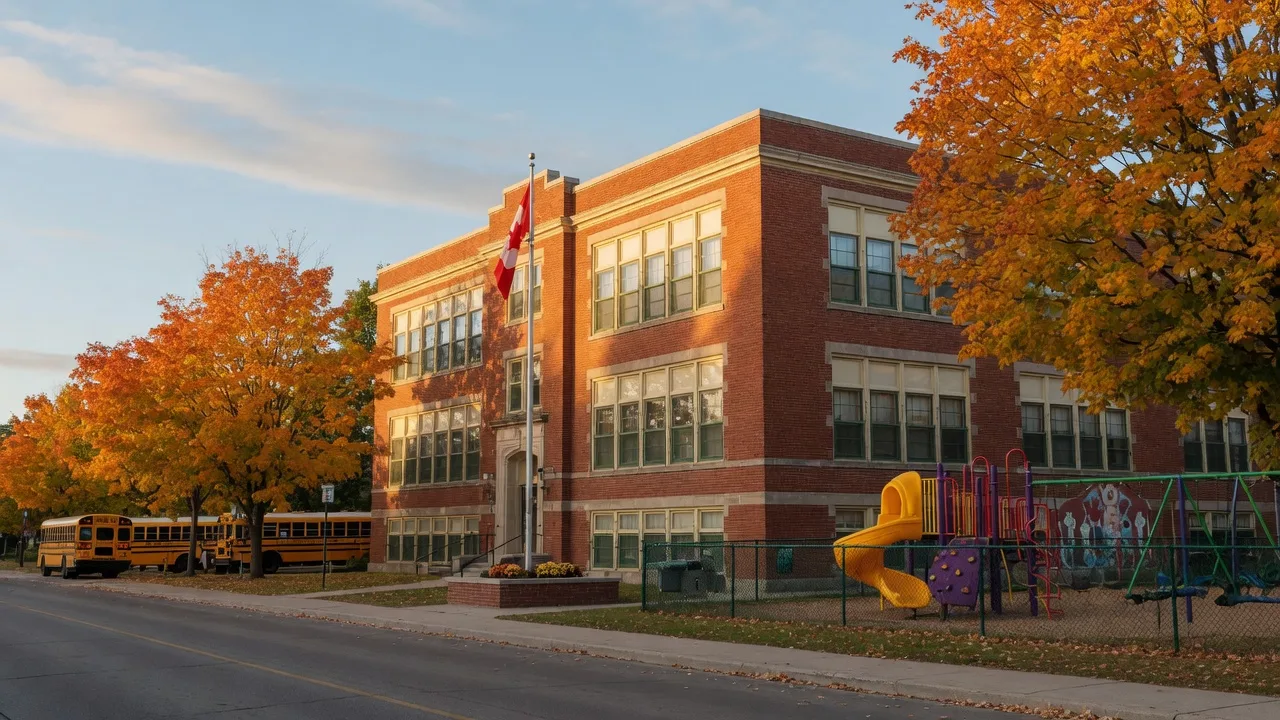 A red-brick elementary school in Port Perry on a golden autumn morning, with maple trees along the street and school buses at the curb