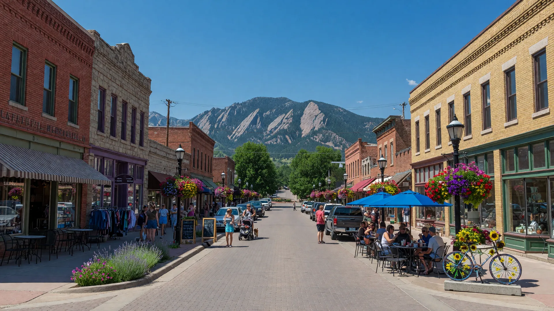Old Town Lafayette with historic buildings and Flatirons view
