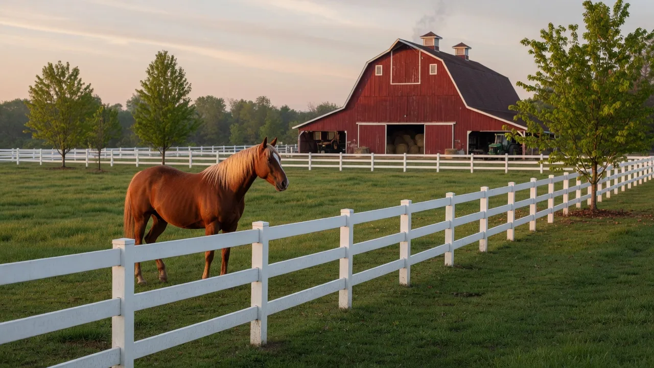 Chestnut horse in a paddock at an equestrian farm near Nokesville, Virginia with white plank fencing and a red barn