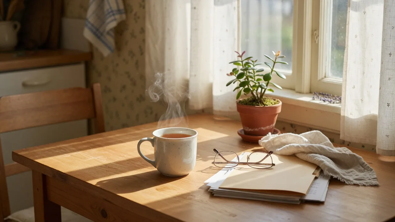 A sunlit kitchen table with a steaming mug of tea, reading glasses resting on a neat stack of papers, and a folder, the setting where families talk through the practical details of a reverse mortgage