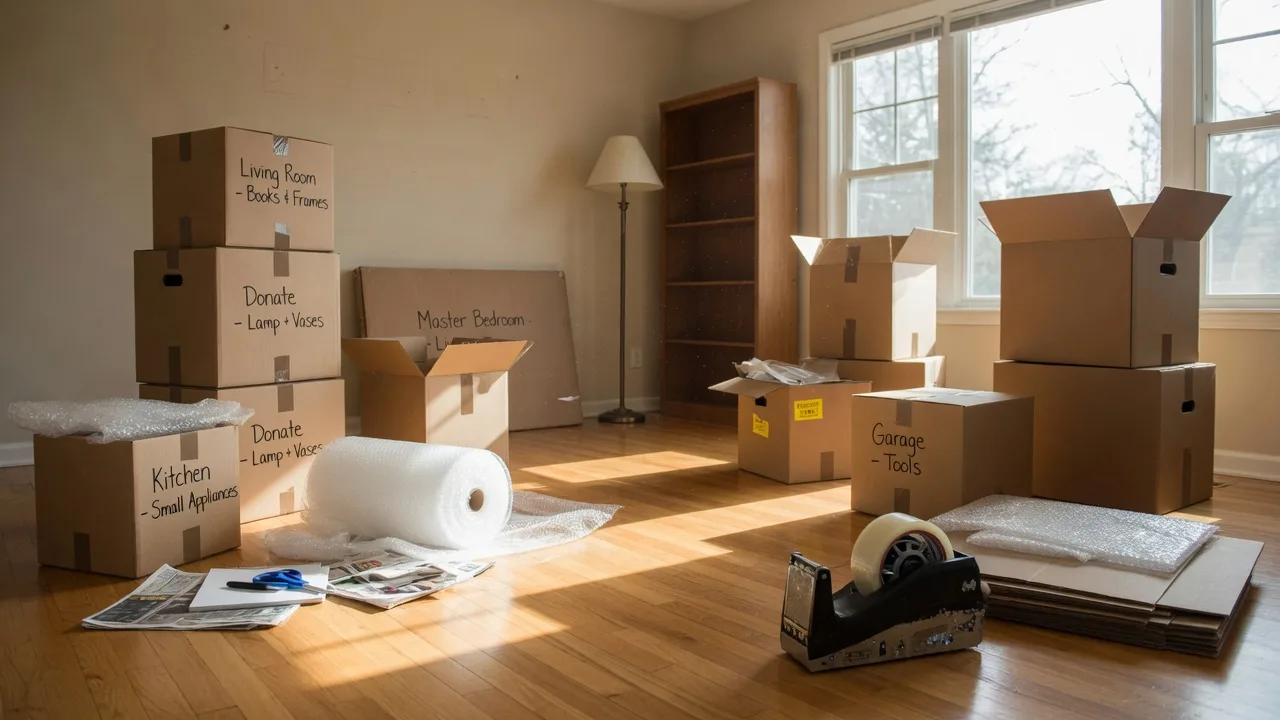Downsizing process with stacked moving boxes and packing supplies in a sunlit living room