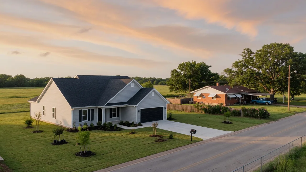 A brand-new light-gray home with a dark roof on a large grassy lot in Elgin, Oklahoma at golden hour, with an older brick ranch home and mature trees further down the street