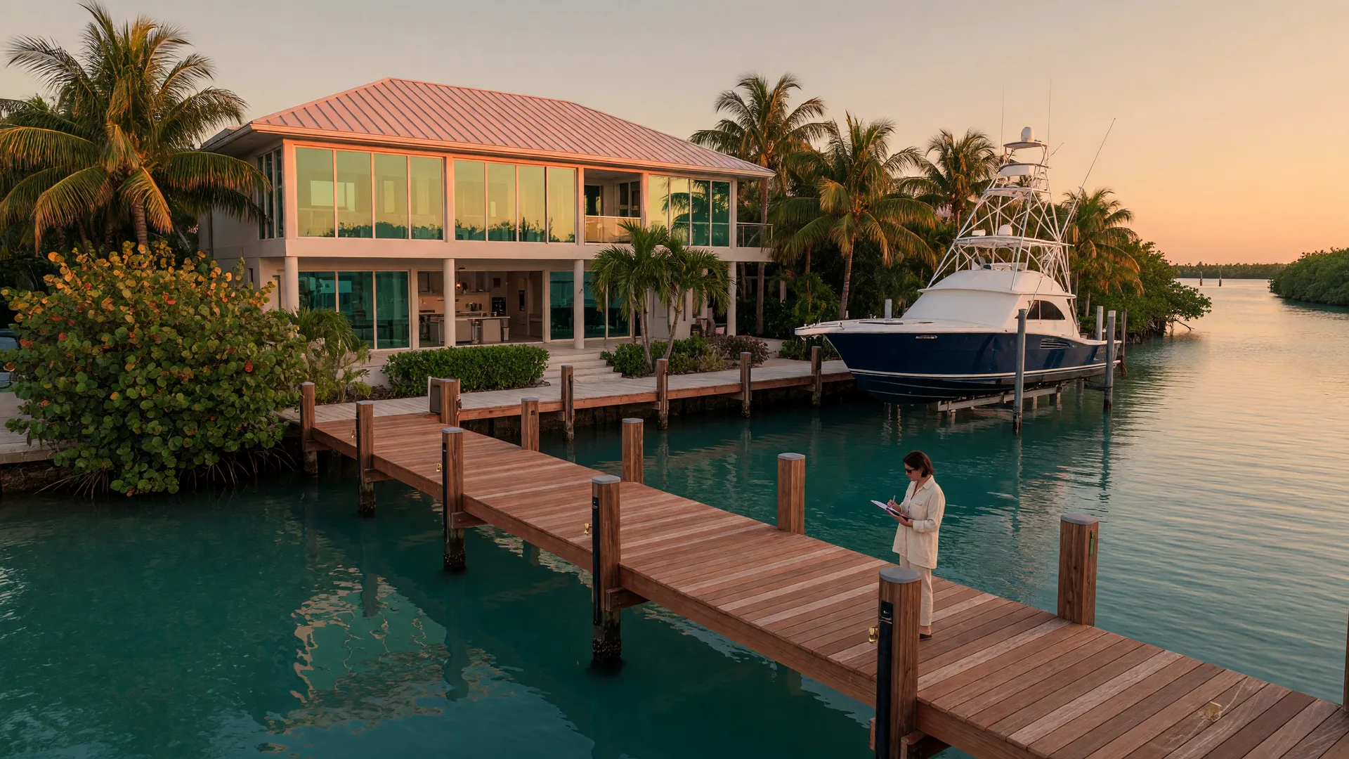 A luxury elevated Florida Keys waterfront home on a deep-water canal at golden hour, seen from the end of a long private teak dock, a distant buyer standing on the dock reviewing the property with a clipboard, a sportfishing yacht on a boat lift in calm turquoise water