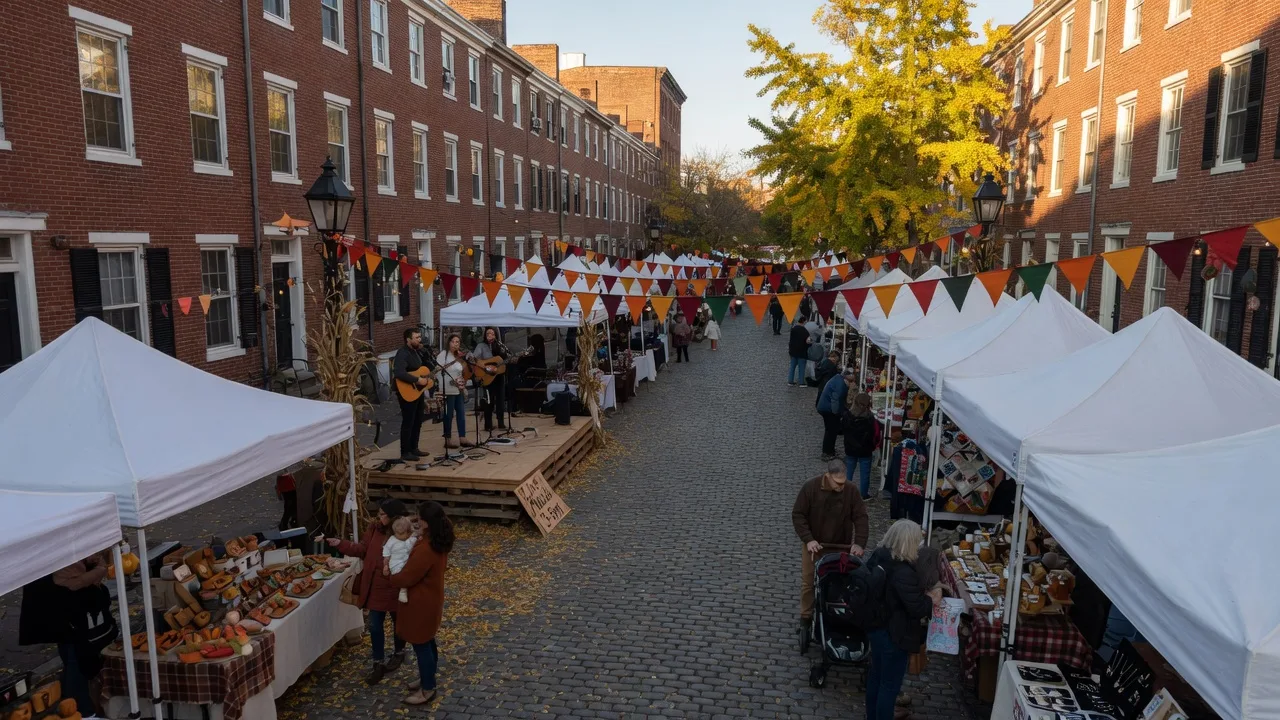 Historic Old City Philadelphia street festival with white vendor tents, bunting and autumn foliage on a cobblestone block