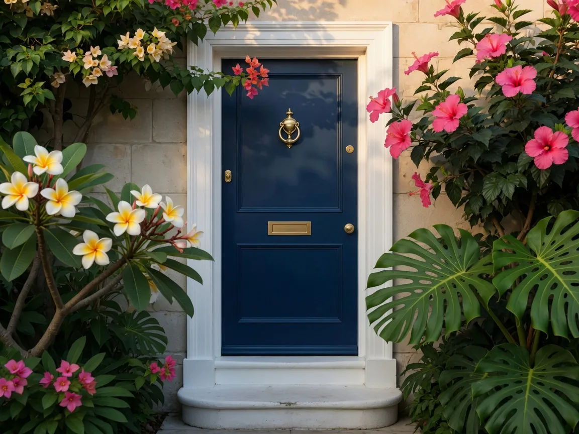 Navy blue front door with tropical landscaping representing curb appeal improvements that add value when selling a South Florida home