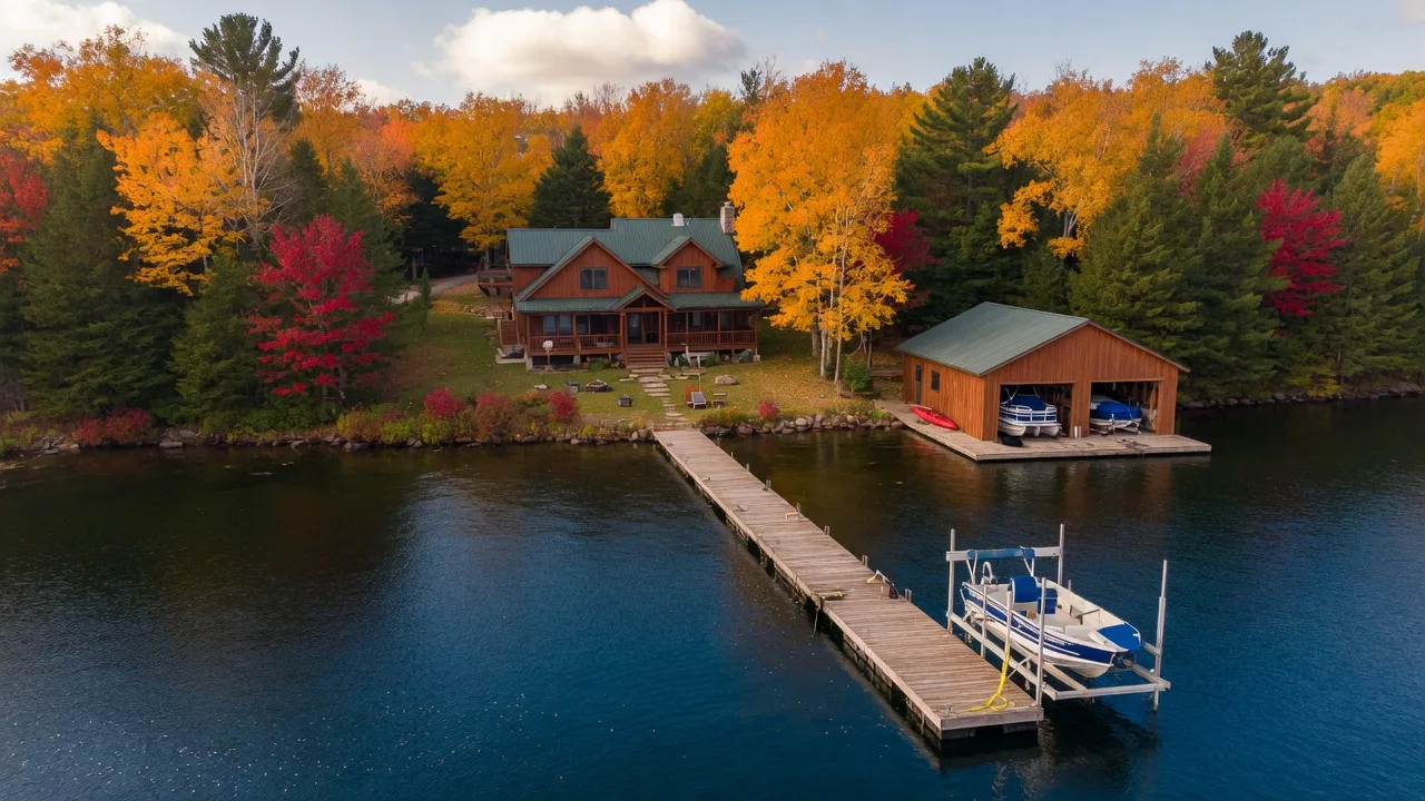 Aerial view of a cedar lake home with boathouse, dock, and boat lift on a calm lake surrounded by autumn forest