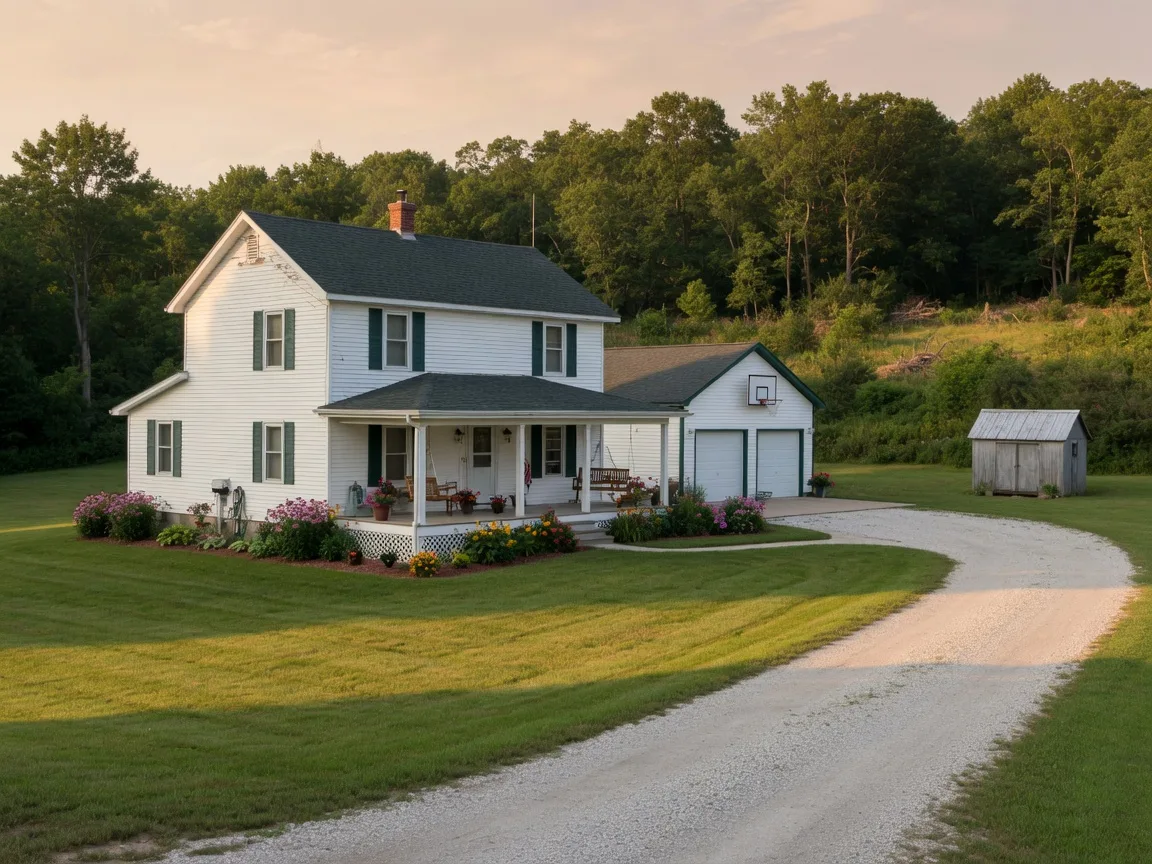 A country home with a front porch, garage and treeline on acreage
