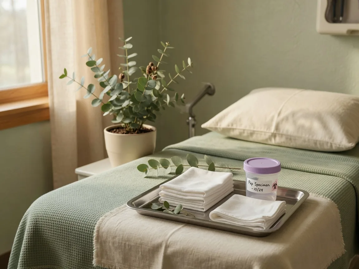 A calm examination room with a neatly made exam table, folded cotton, and a specimen container in warm light