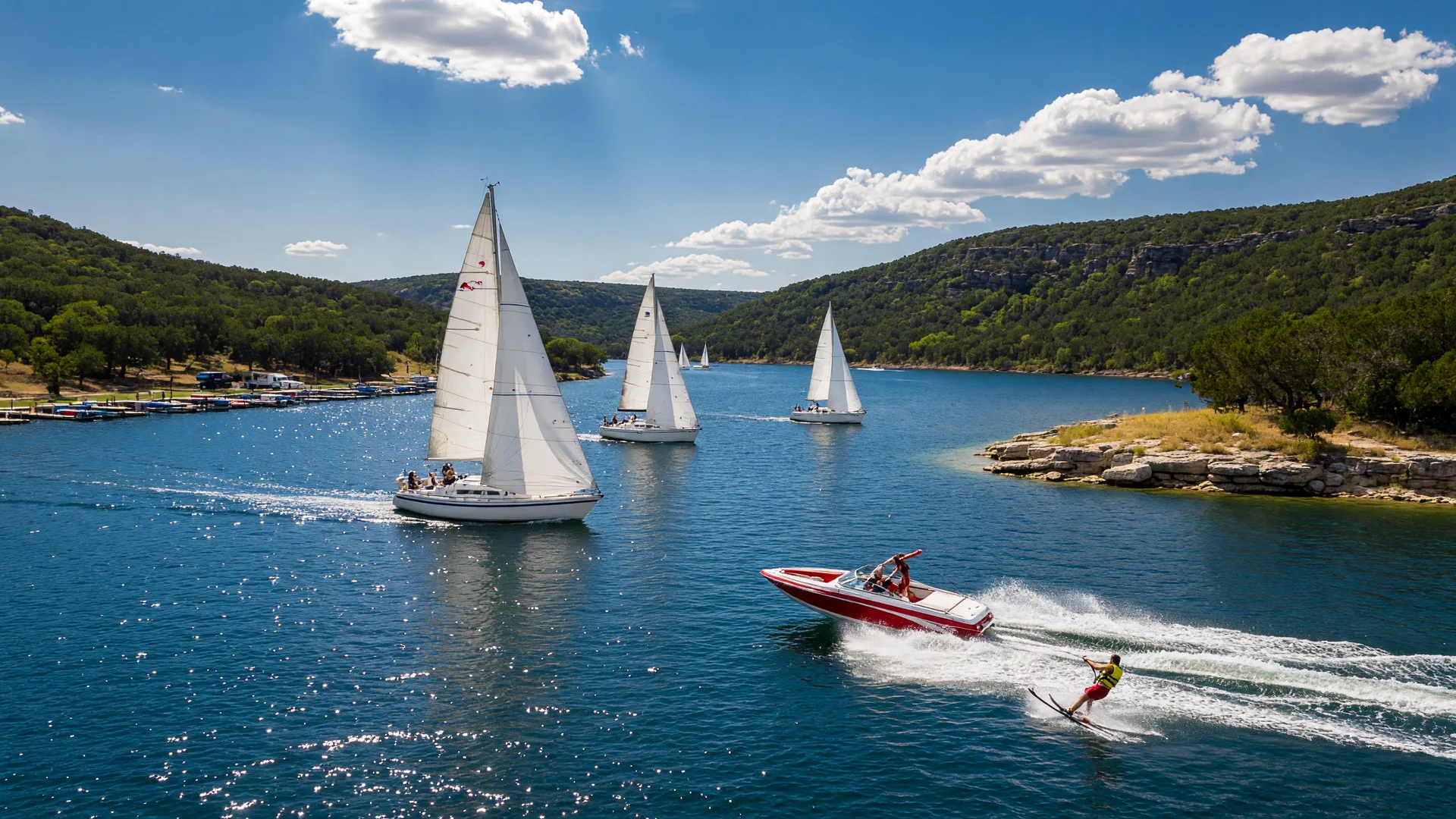 Sparkling Canyon Lake with sailboats and a speedboat on bright blue water surrounded by green Hill Country hills under a vibrant Texas summer sky