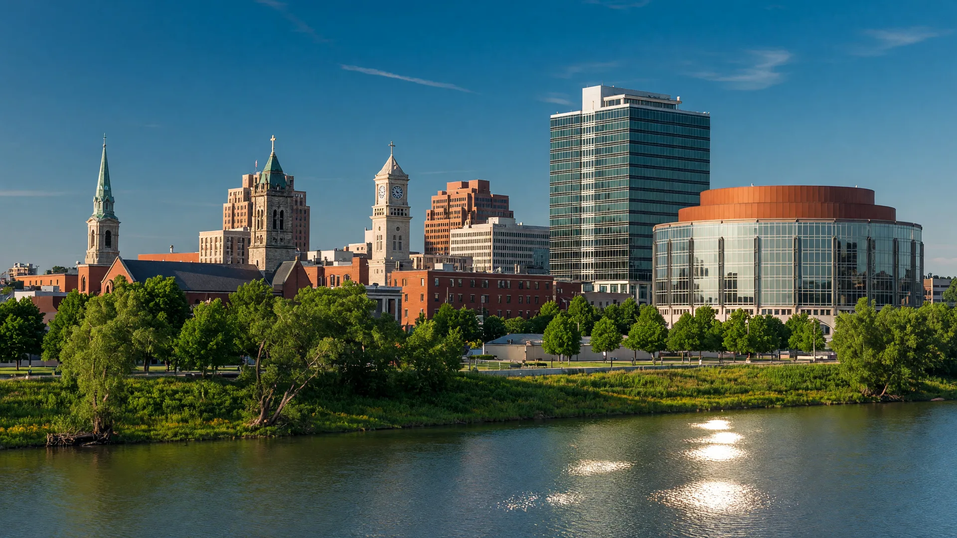 Dayton, Ohio skyline viewed from across the Great Miami River on a bright summer afternoon