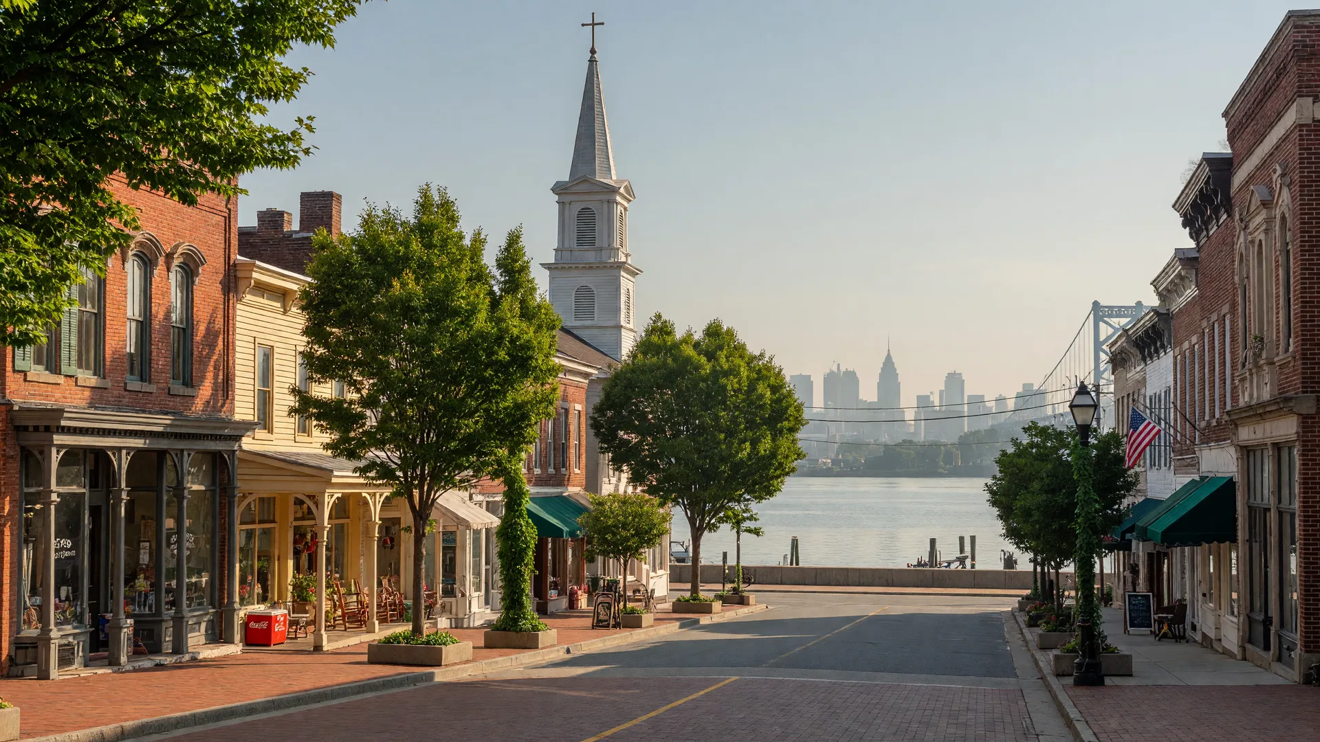 Historic Main Street in a Delaware River town with preserved 19th-century storefronts and a church steeple visible above the roofline
