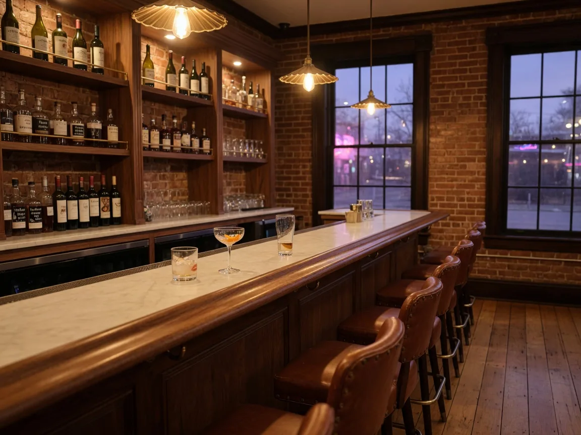 A walnut bar with cognac leather stools and brass pendant lights in an upscale small-town Michigan gastropub at dusk