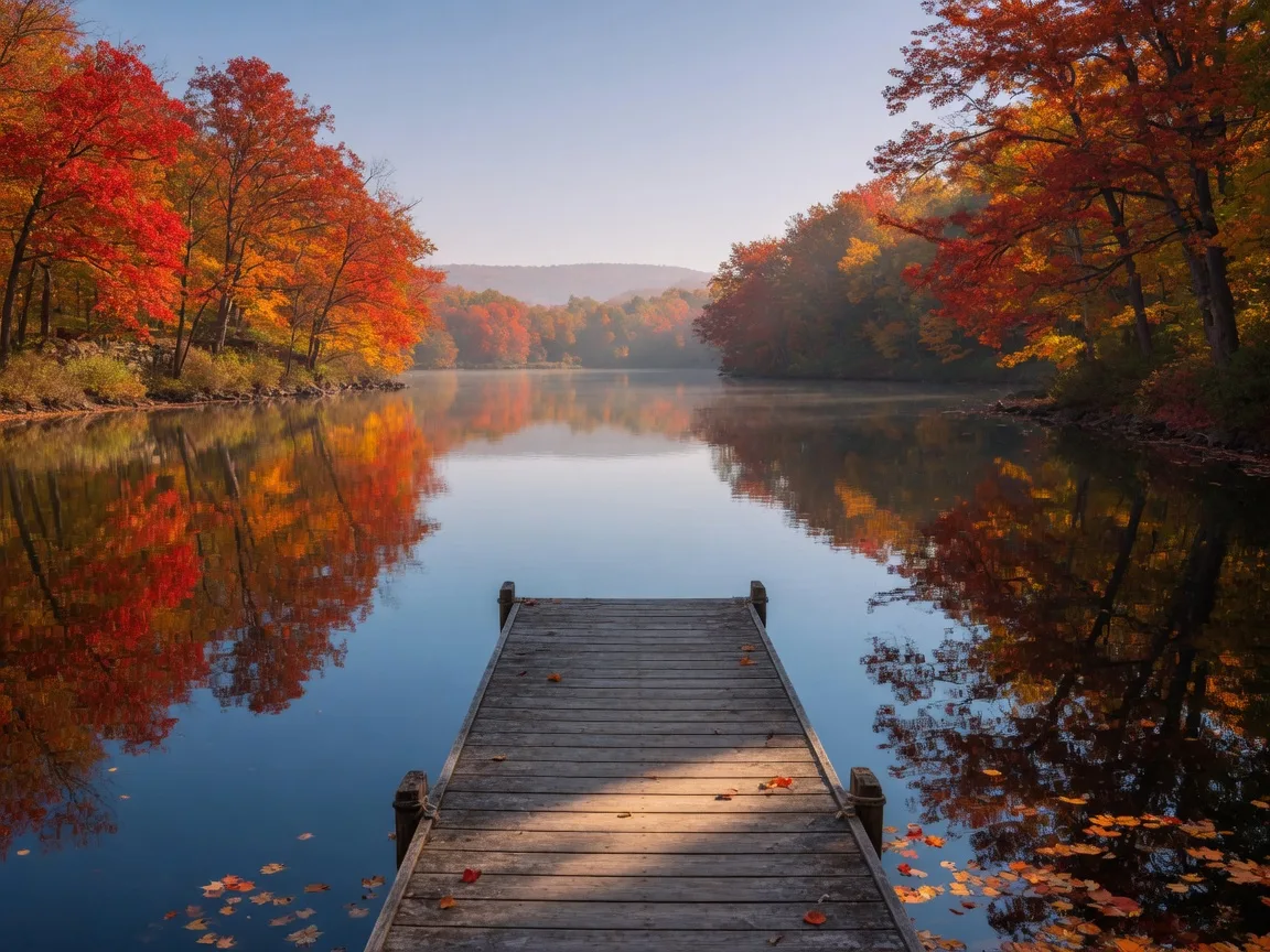 Scenic lake surrounded by autumn foliage in Connecticut