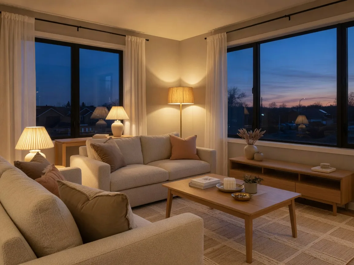 Warm-lit, staged living room with dusk light through the windows