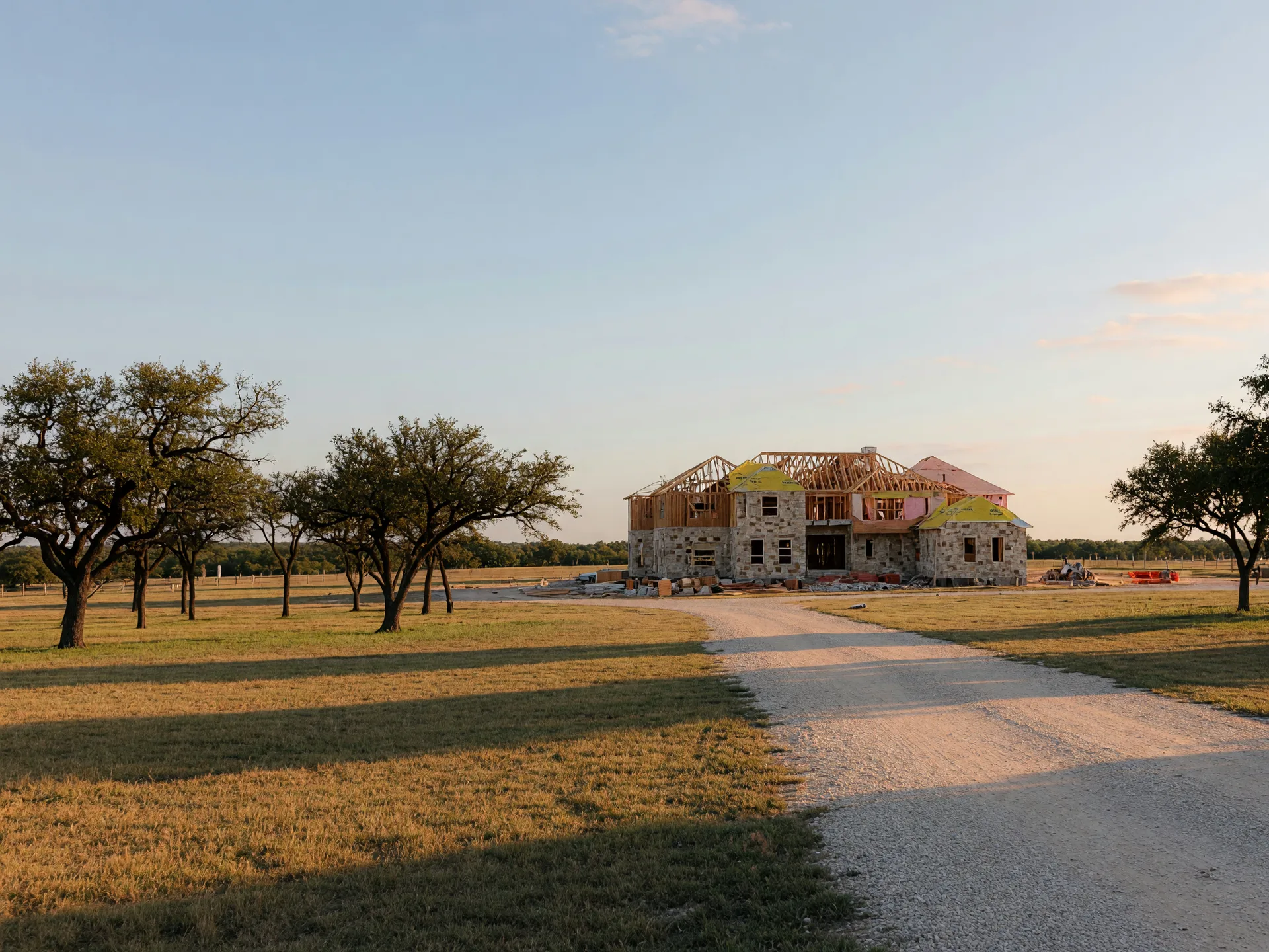 Large acreage homesite in Denton County with a custom home under construction in the distance, framed by mature oak and mesquite trees at golden hour