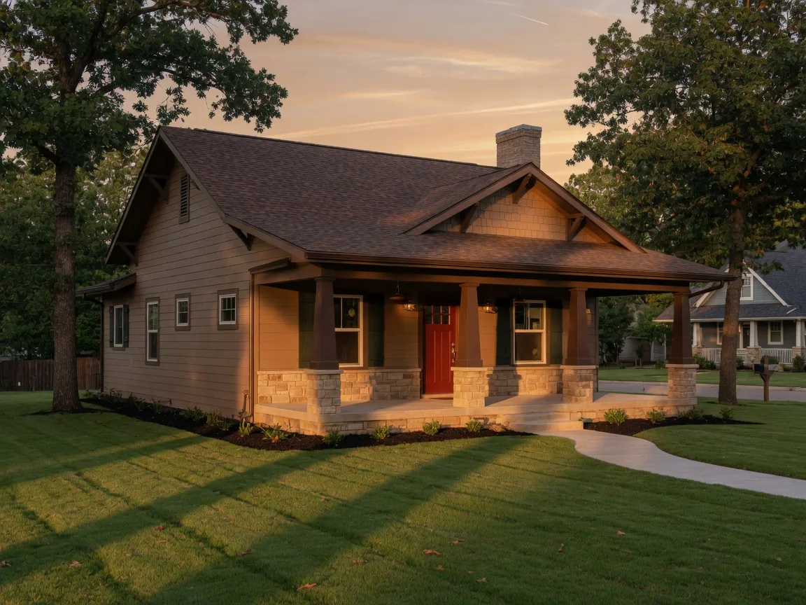 Freshly built craftsman home in an Oklahoma subdivision at golden hour with a covered porch and a well-maintained roof