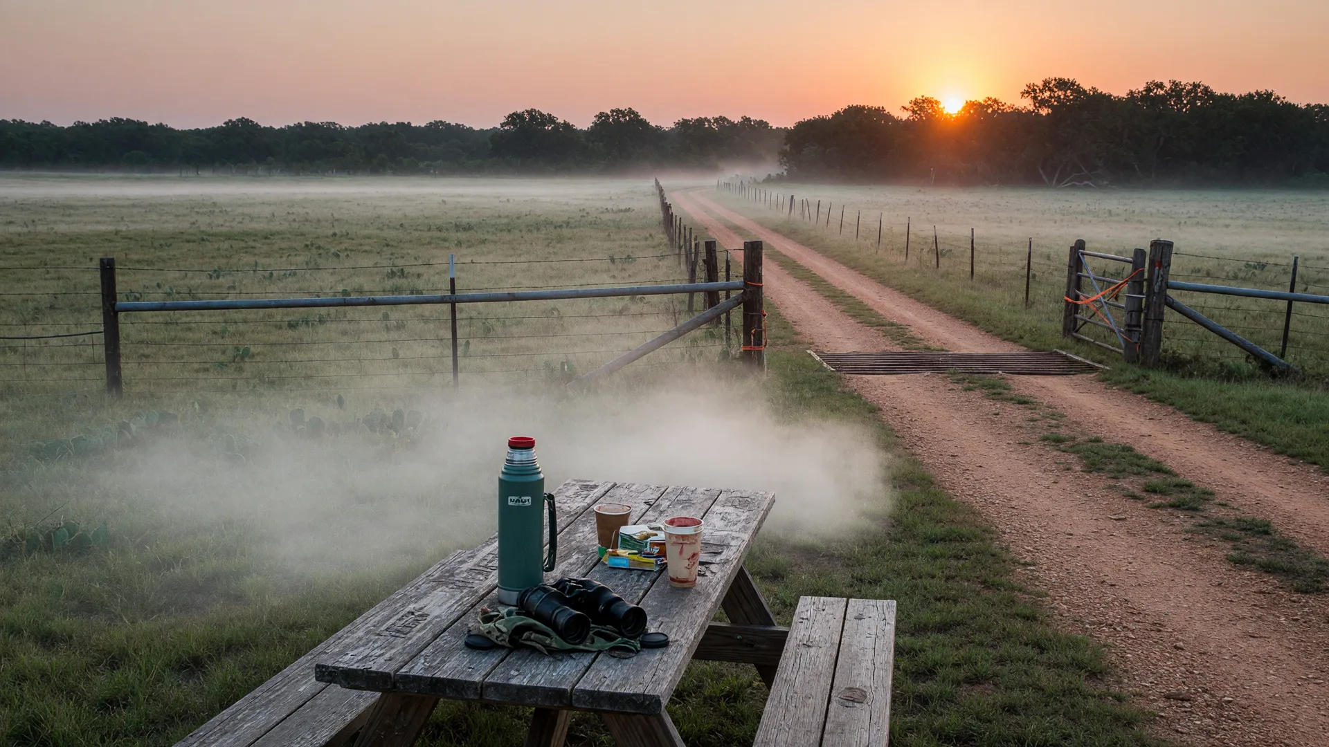 Dawn on a rural Texas acreage with mist rising from the pasture and pipe fencing in the foreground