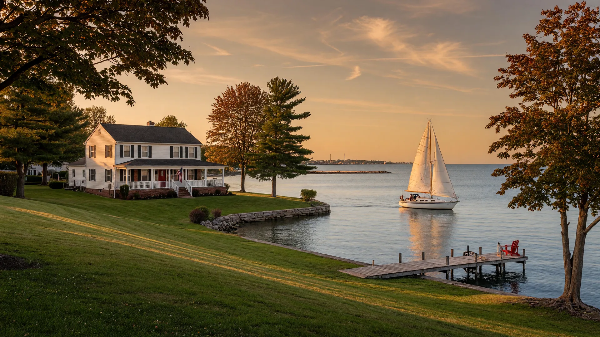 A lakefront colonial home with a lawn sloping to a private dock and a sailboat on calm Lake Erie in Mentor, Ohio at golden hour