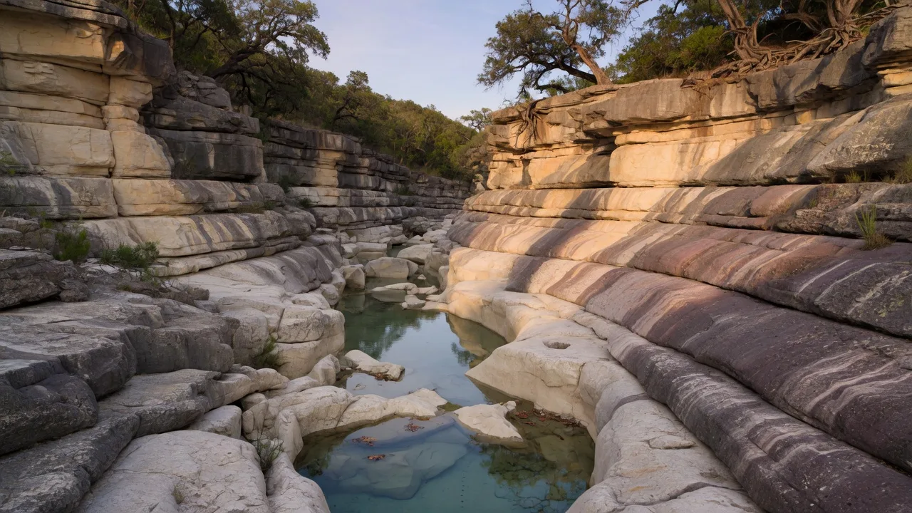 Deep limestone canyon walls of Canyon Lake Gorge exposing layered Cretaceous strata, with a narrow stream bed and pools of clear water at the bottom
