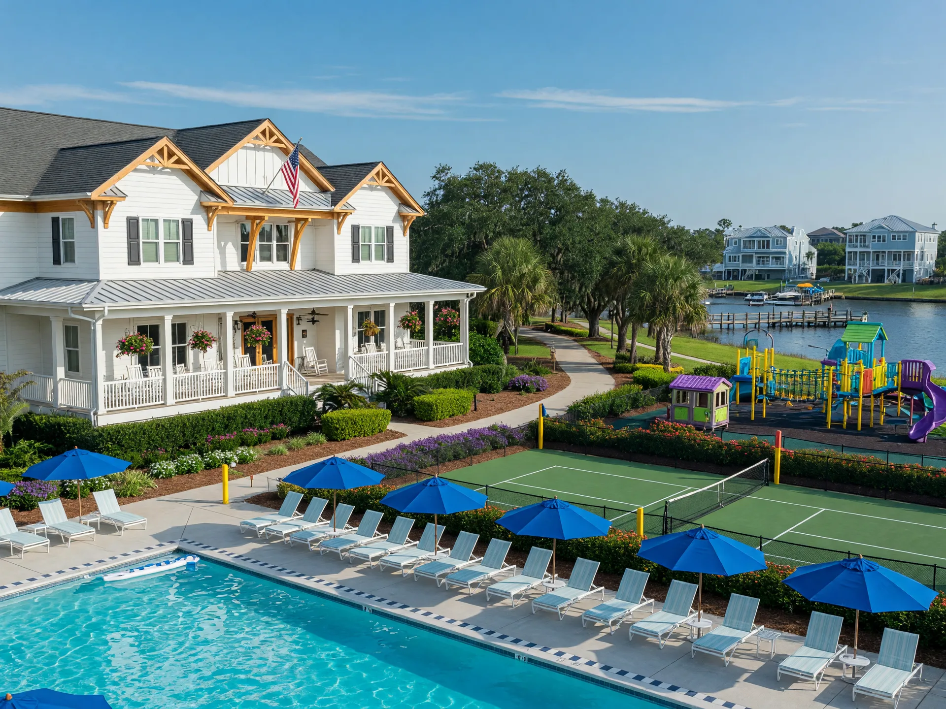 Community pool and clubhouse at Arcadia, a master-planned community near Myrtle Beach