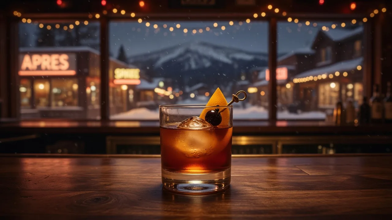 A craft cocktail in a rocks glass on a dark bar top with warm string lights and ski-town storefronts glowing in the bokeh behind it