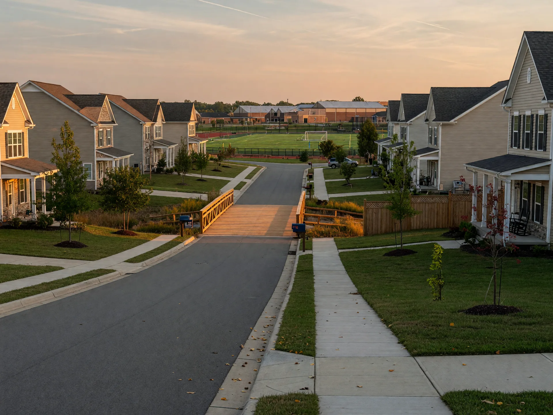 A quiet suburban street with newer two-story homes, sidewalks and a greenway trail bridge, with a school campus in the distance