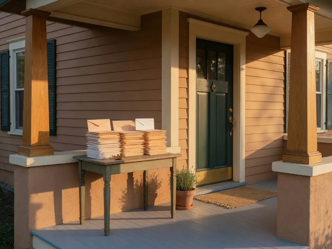 The front porch of a Colorado Springs home in soft late-afternoon light,with a small stack of envelopes beside the door