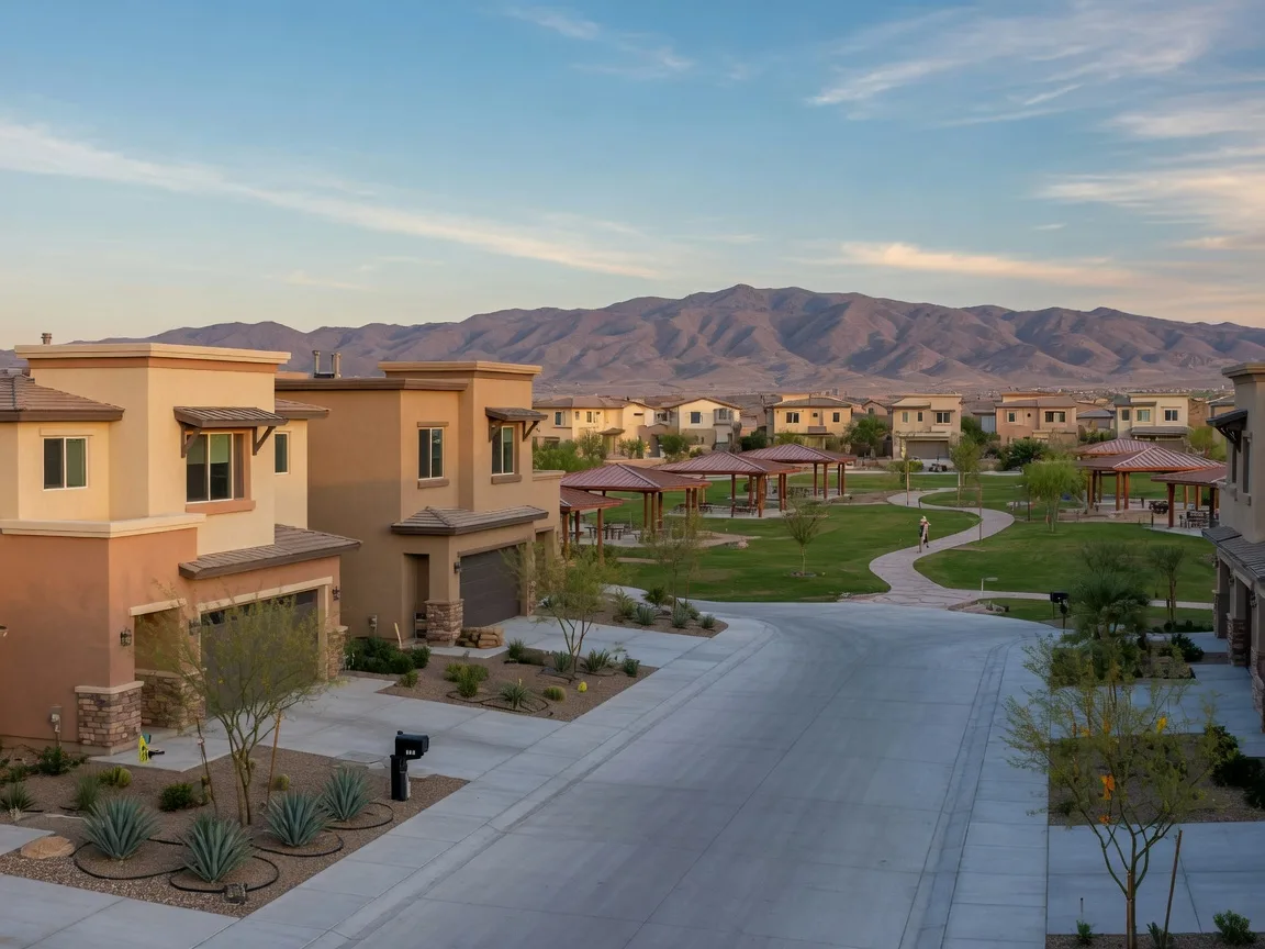 A freshly completed two-story desert-modern home on a final infill street in Mountain's Edge in Southwest Las Vegas, with young desert landscaping, a finished neighborhood park, and purple mountains behind