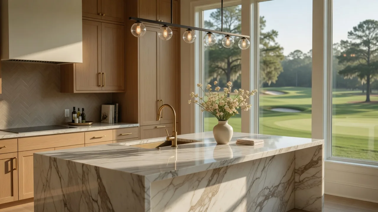 A newly renovated luxury kitchen with a marble waterfall island and brass fixtures, looking out onto a golf course community