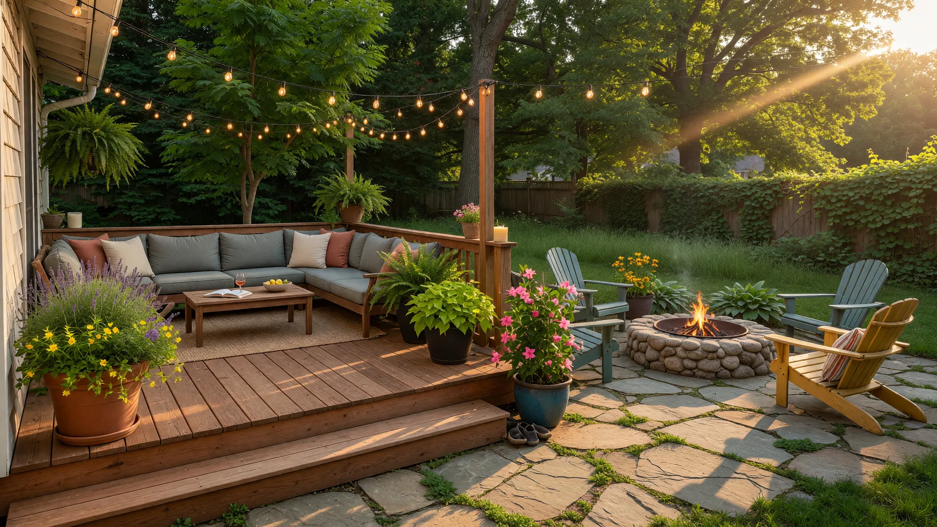 South Jersey backyard with cedar deck, stone fire pit patio, string lights, and comfortable seating at golden hour