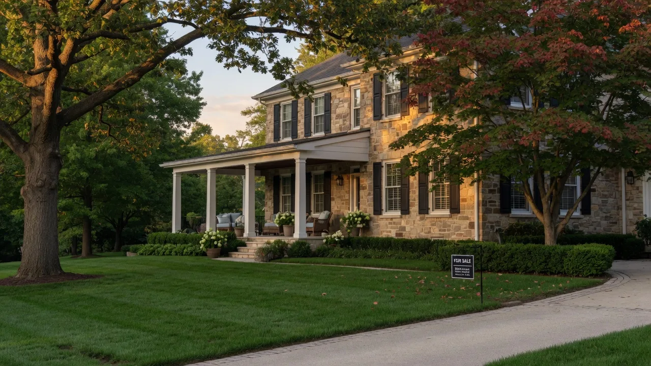 Elegant luxury home in Westlake, Ohio with stone facade and mature trees in warm morning light