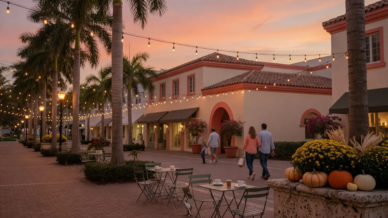 Downtown Boca Raton plaza at dusk with string lights over Mediterranean storefronts, palm trees, sidewalk cafes, and fall pumpkins and mums in a corner planter